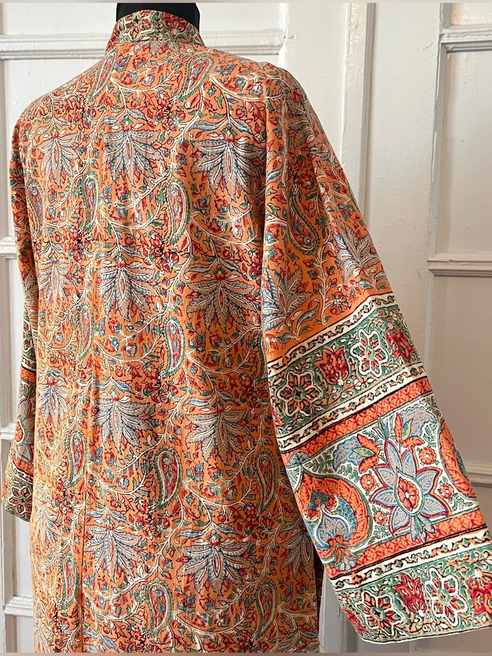 Vintage Maxi Caftan Robe Cotton Paisley Block Print 1970s Boho Hippie Kaftan - Picture 6 of 12